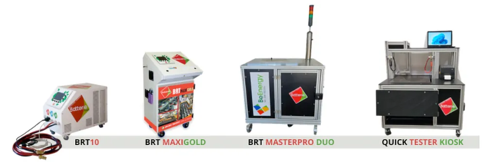 Gamme complète des machines BRT pour la régénération de batteries plomb-acide : BRT10, BRT MAXIGOLD et BRT MASTERPRO DUO. Inclus également le QUICK TESTER KIOSK pour le diagnostic des batteries de démarrage.