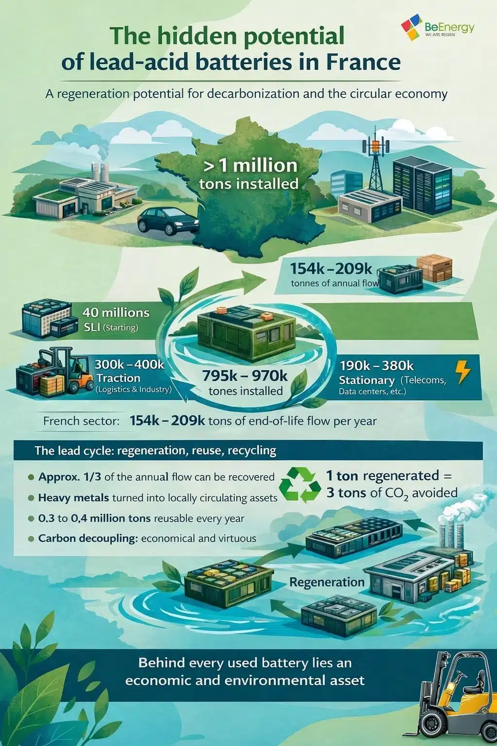 Infographic showing the potential for lead battery regeneration in France: 970,000 tons of deposits, environmental benefits (3 tons of CO2 saved), and industrial segments (traction, stationary, automotive).