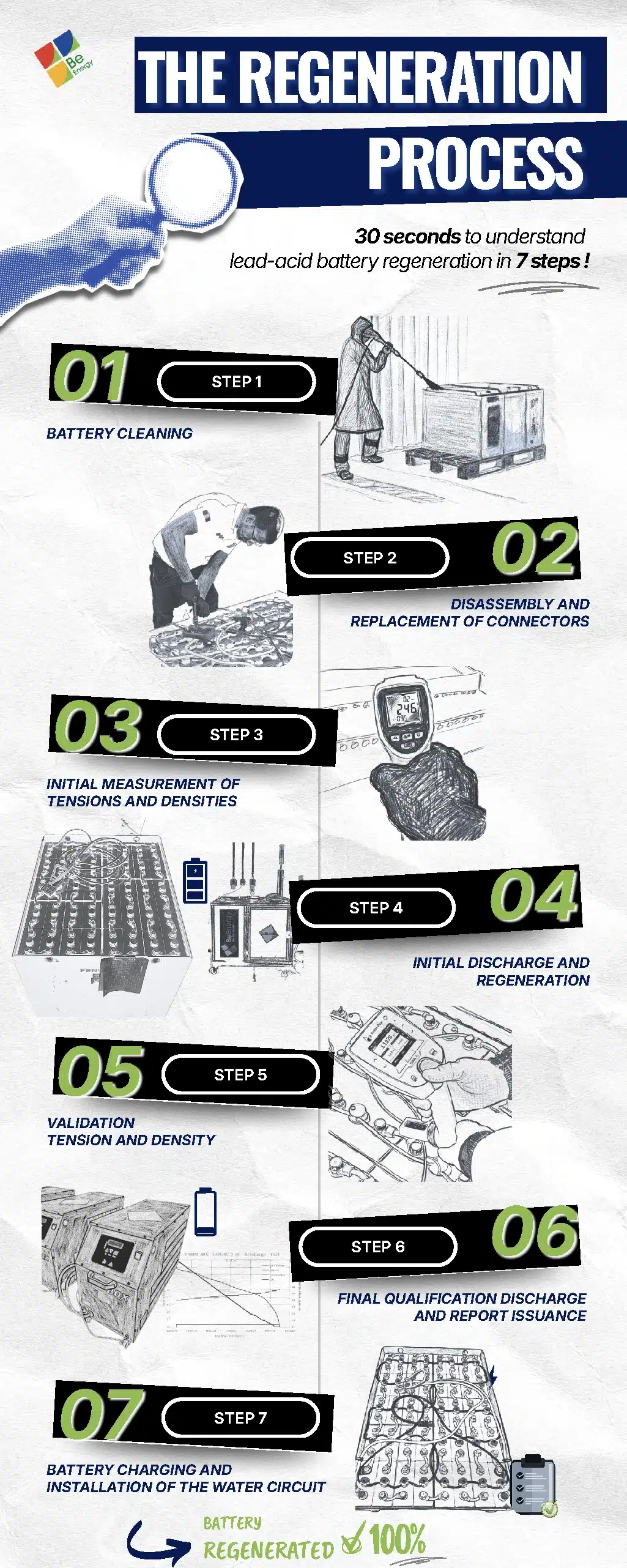 Infographic - The 7 steps of regeneration process Infographic showing the 7 steps involved in battery regeneration: cleaning, dismantling connectors, measuring voltages and densities, total discharge, regeneration, validation of voltages and densities, installation of the water circuit.