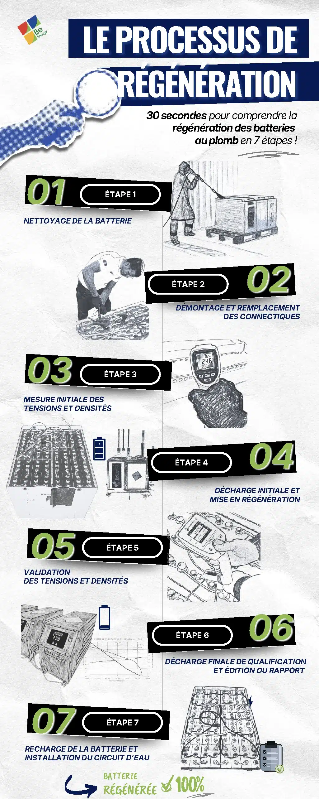 Infographie - Les 7 étapes du process de régénération Infographie des 7 étapes de régénération d’une batterie : nettoyage, démontage des connectiques, mesure des tensions et densités, décharge totale, mise en régénération, validation des tensions et densités, installation du circuit d’eau